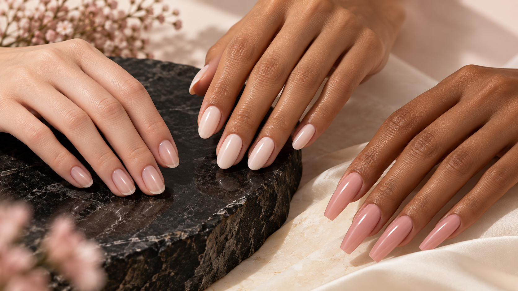 Three elegant manicures representing natural overlays, gel and sculpted nail systems